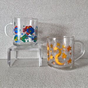 Vintage 90s Clear Glass Novelty Mug Set Moon Stars Tropical Fish Coffee Tea Cups